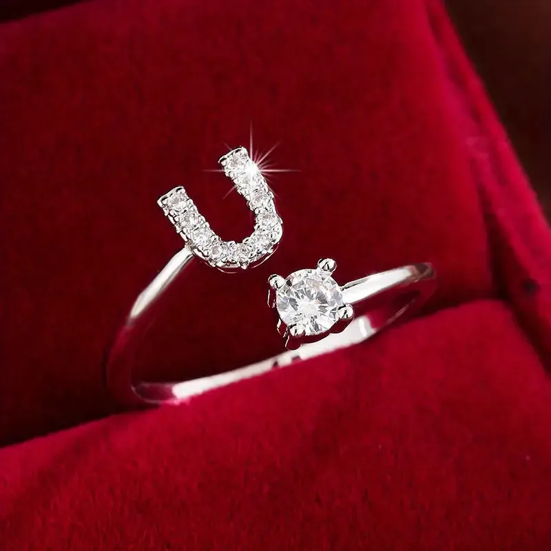 Hot-selling 26 English letters micro-paved zircon fashion women's rings Platinum-plated 14K open ring