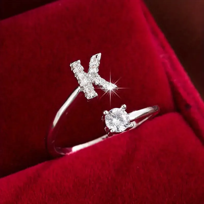 Hot-selling 26 English letters micro-paved zircon fashion women's rings Platinum-plated 14K open ring