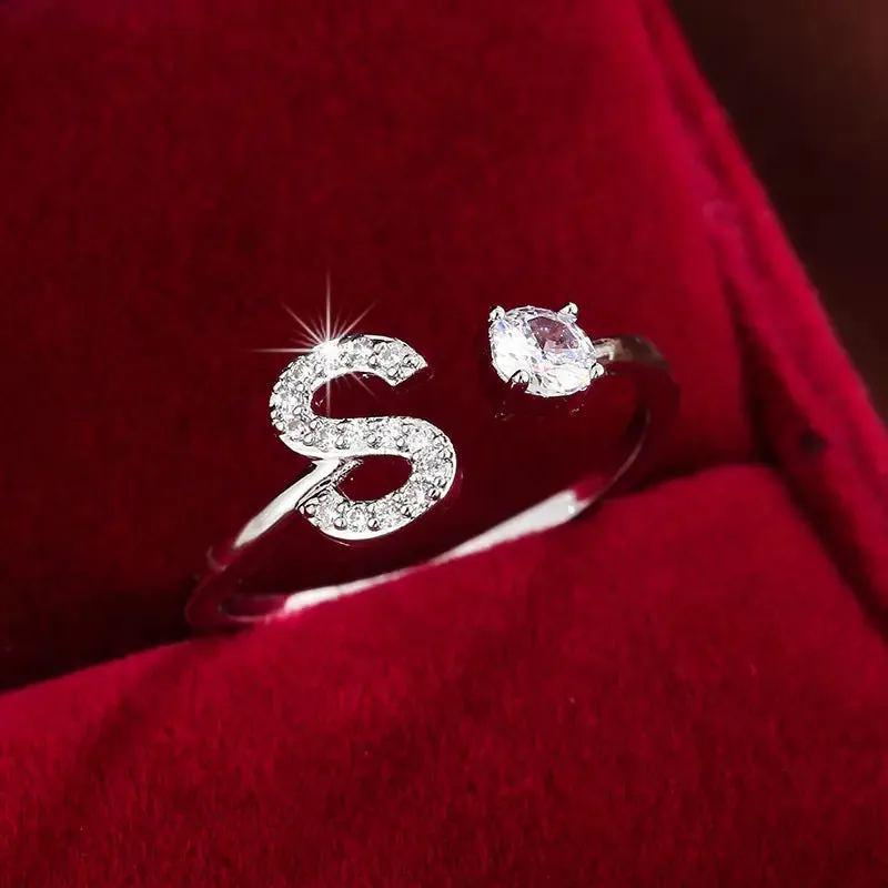 Hot-selling 26 English letters micro-paved zircon fashion women's rings Platinum-plated 14K open ring
