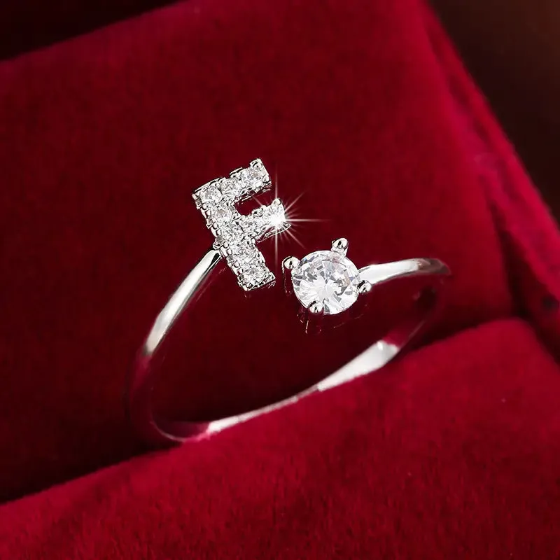 Hot-selling 26 English letters micro-paved zircon fashion women's rings Platinum-plated 14K open ring