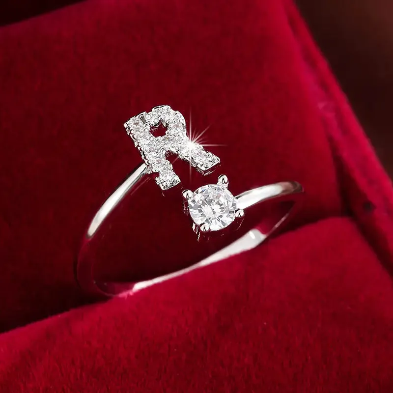Hot-selling 26 English letters micro-paved zircon fashion women's rings Platinum-plated 14K open ring
