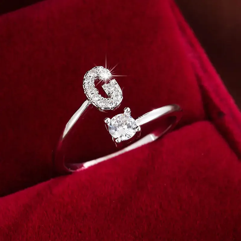Hot-selling 26 English letters micro-paved zircon fashion women's rings Platinum-plated 14K open ring