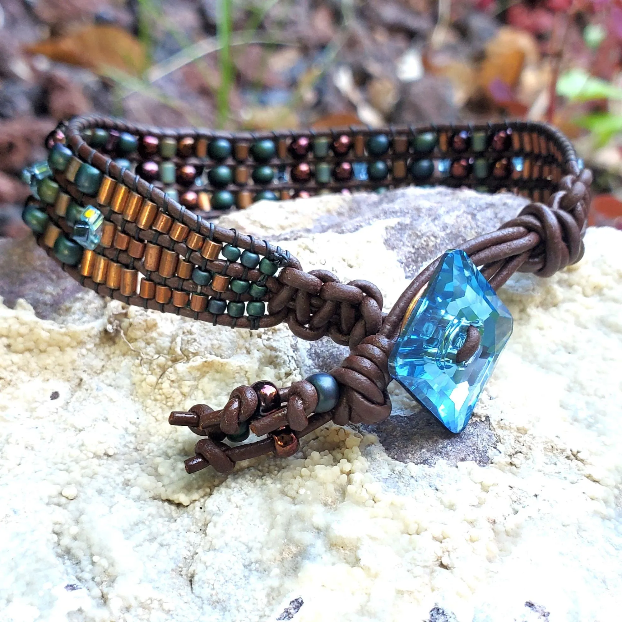 Intricate Bead Woven Swarovski Crystal Button Glam Bracelet