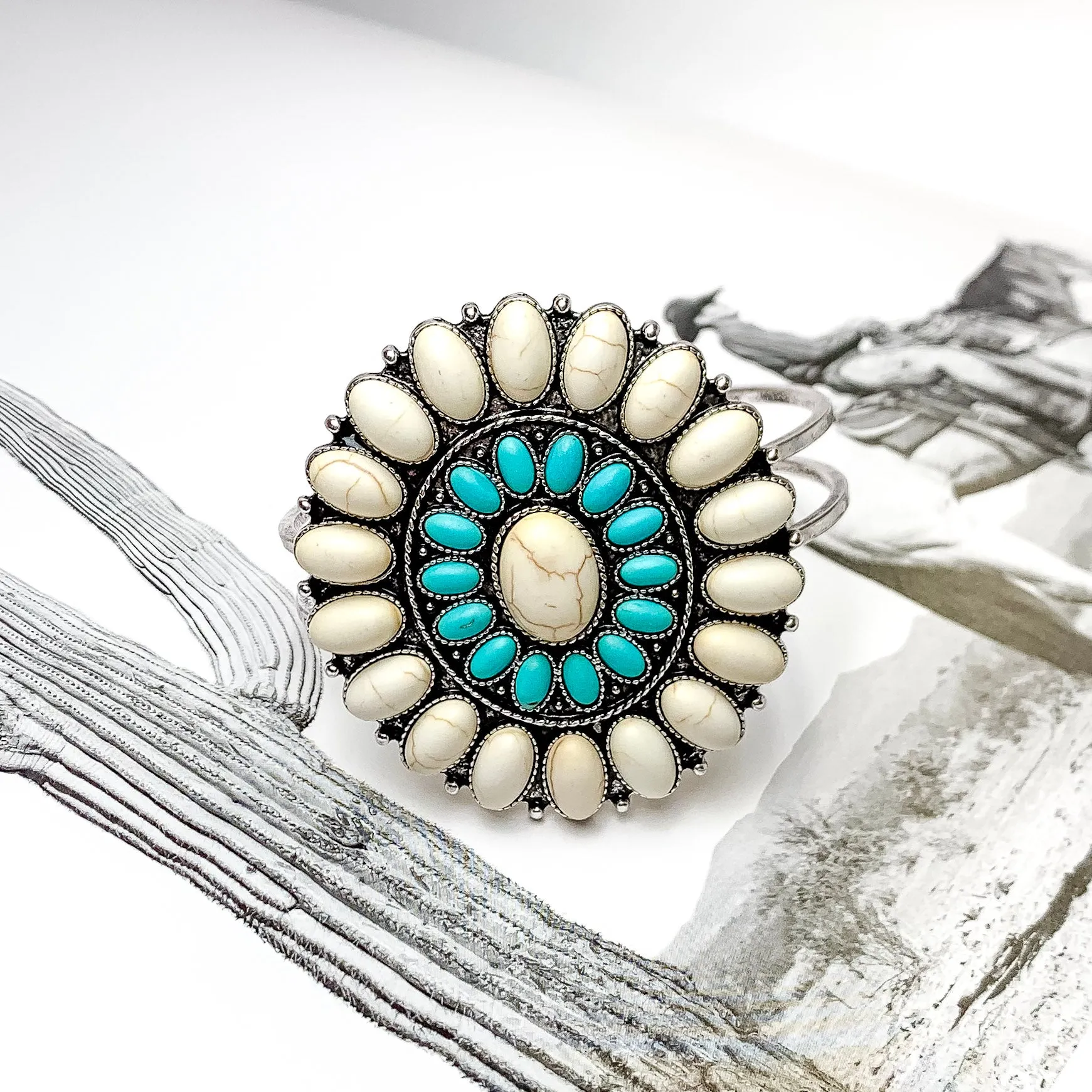 Ivory and Turquoise Oval Stone Concho Hinge Cuff Bracelet