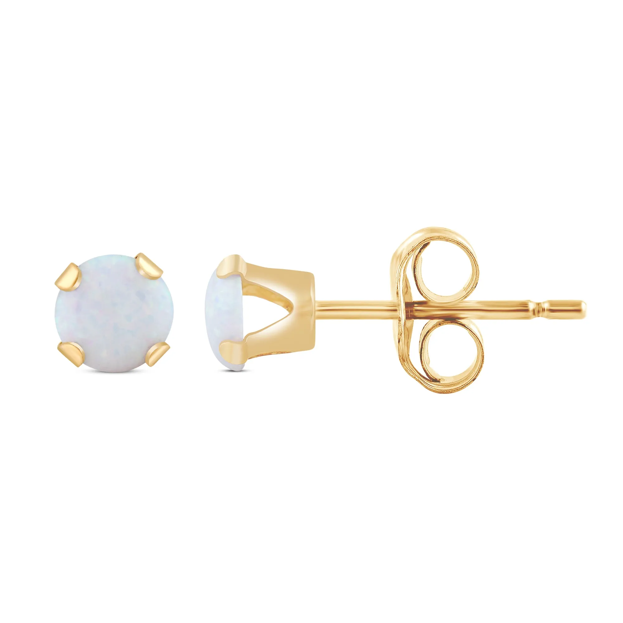 Jewelili 10K Yellow Gold with Round Shape Created Opal Stud Earrings