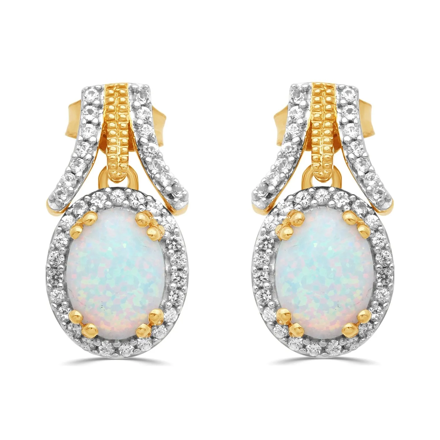 Jewelili Yellow Gold Over Sterling Silver Created Opal and Created White Sapphire Earrings