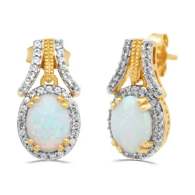 Jewelili Yellow Gold Over Sterling Silver Created Opal and Created White Sapphire Earrings
