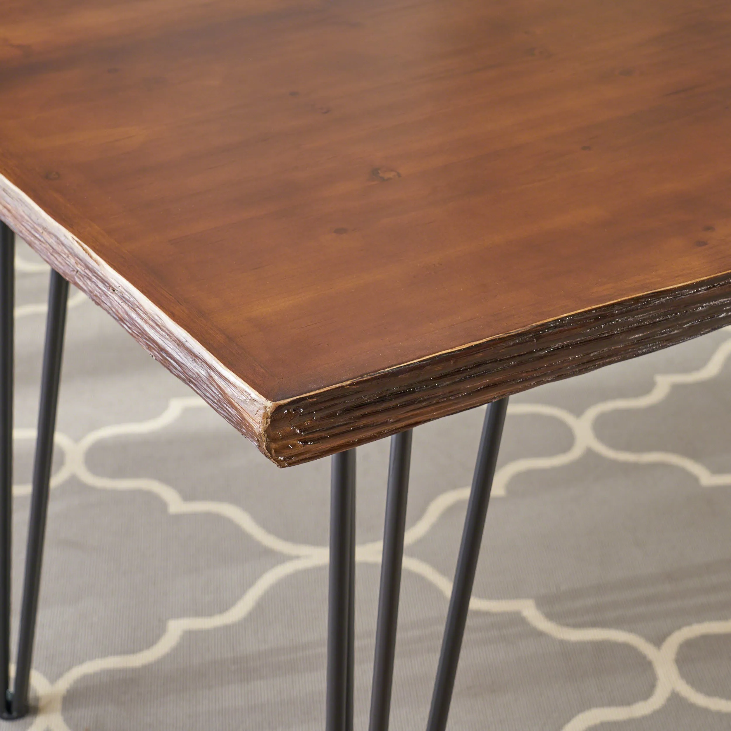 Kaia Modern Industrial Faux Live Edge Dining Table with Hairpin Legs, Natural and Black