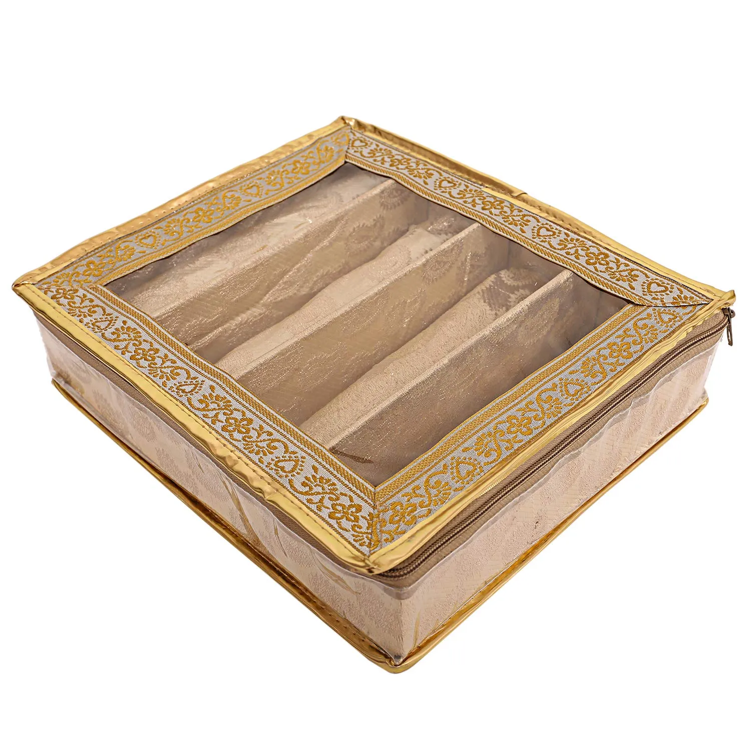 Kuber Industries Brocade 2 Piece Cloth 4 Rod Bangle Box, Gold,Standard,CTKTC0288