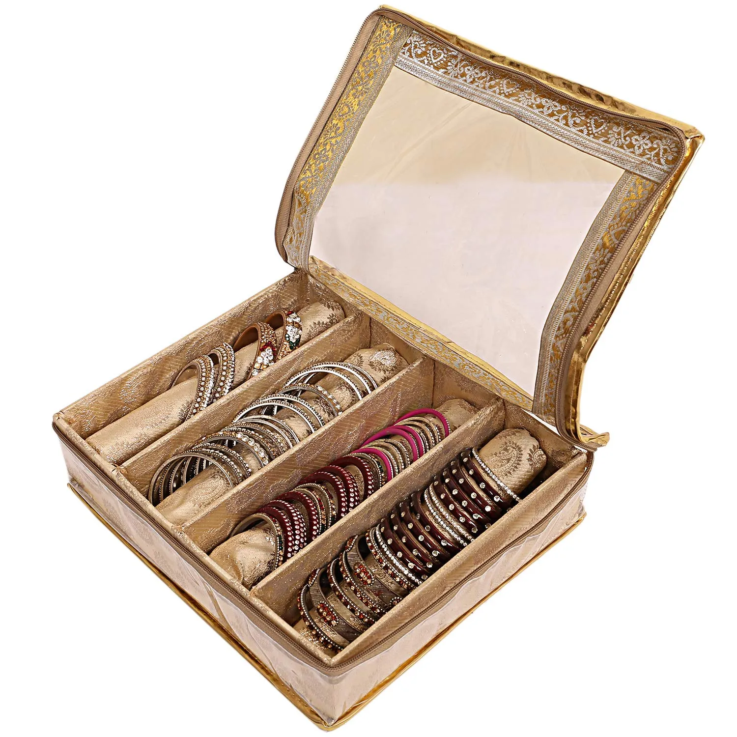Kuber Industries Brocade 2 Piece Cloth 4 Rod Bangle Box, Gold,Standard,CTKTC0288