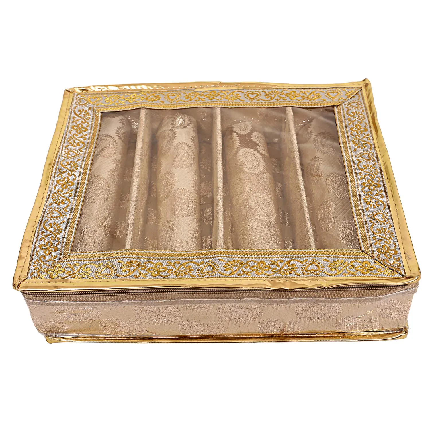 Kuber Industries Brocade 2 Piece Cloth 4 Rod Bangle Box, Gold,Standard,CTKTC0288
