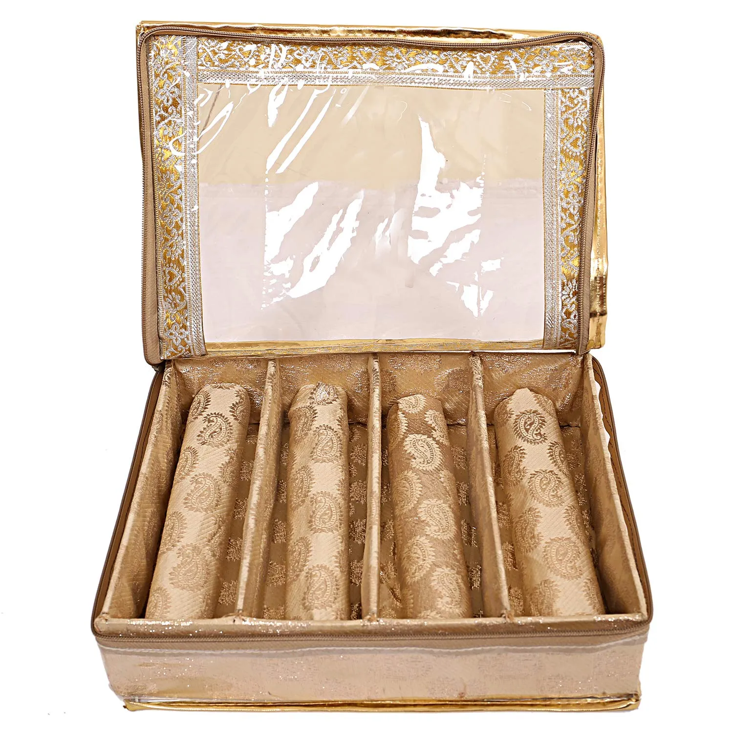Kuber Industries Brocade 2 Piece Cloth 4 Rod Bangle Box, Gold,Standard,CTKTC0288