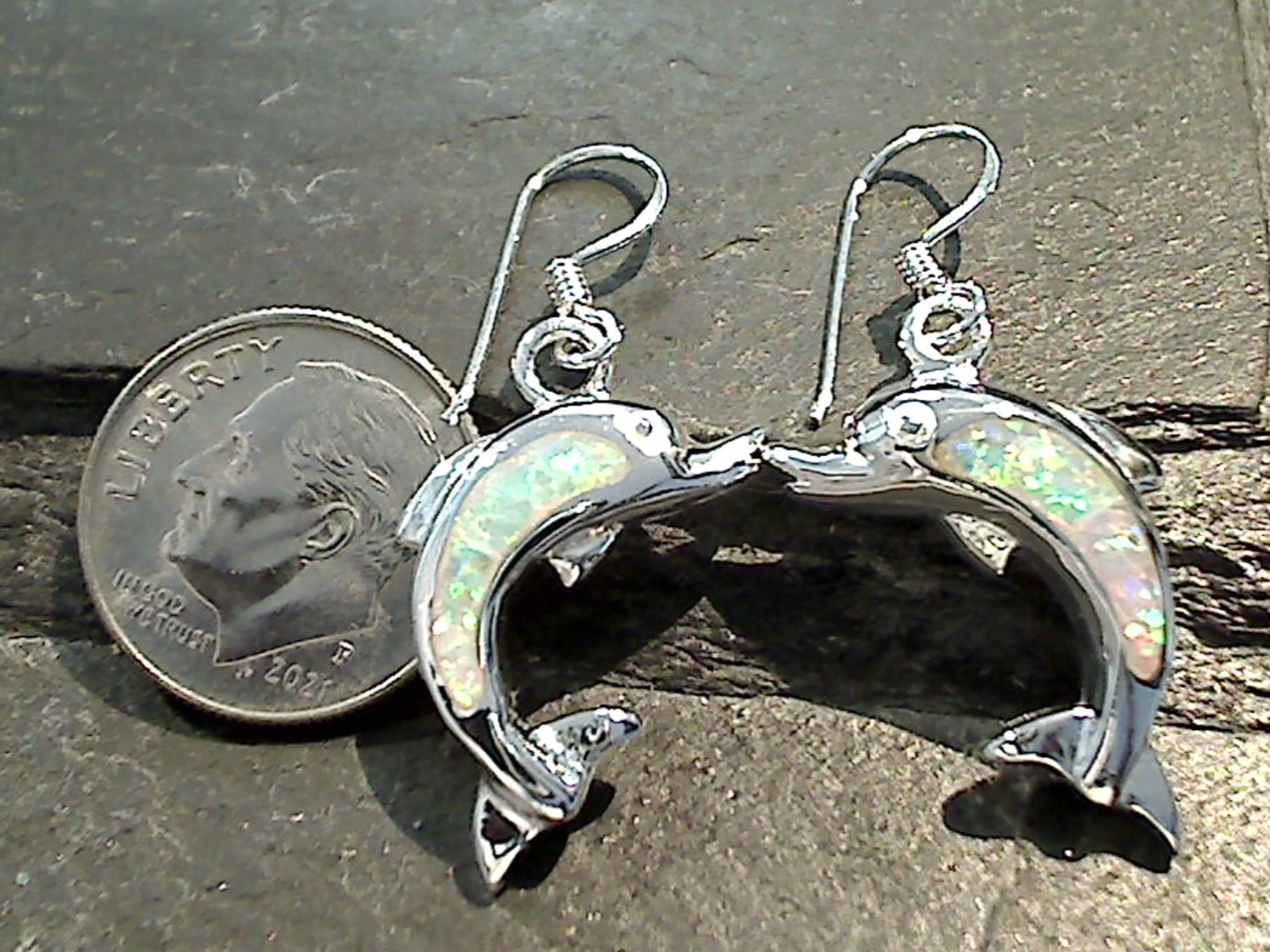 Lab Created Opal, Sterling Silver Dolphin Earrings