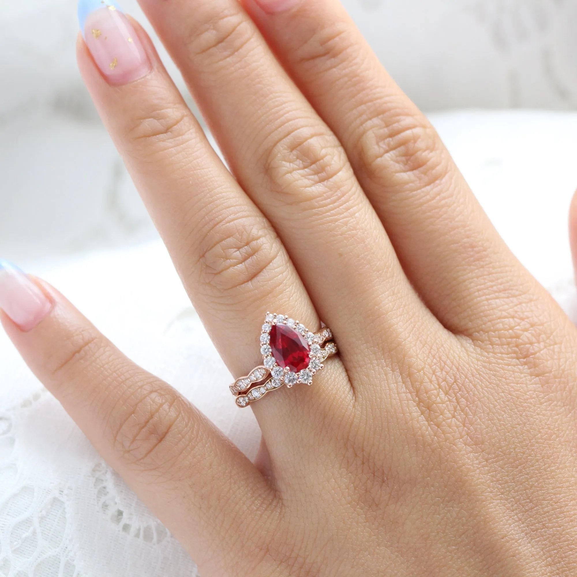 Large Tiara Halo Pear Ruby Ring Set w/ Scalloped Diamond Wedding Band