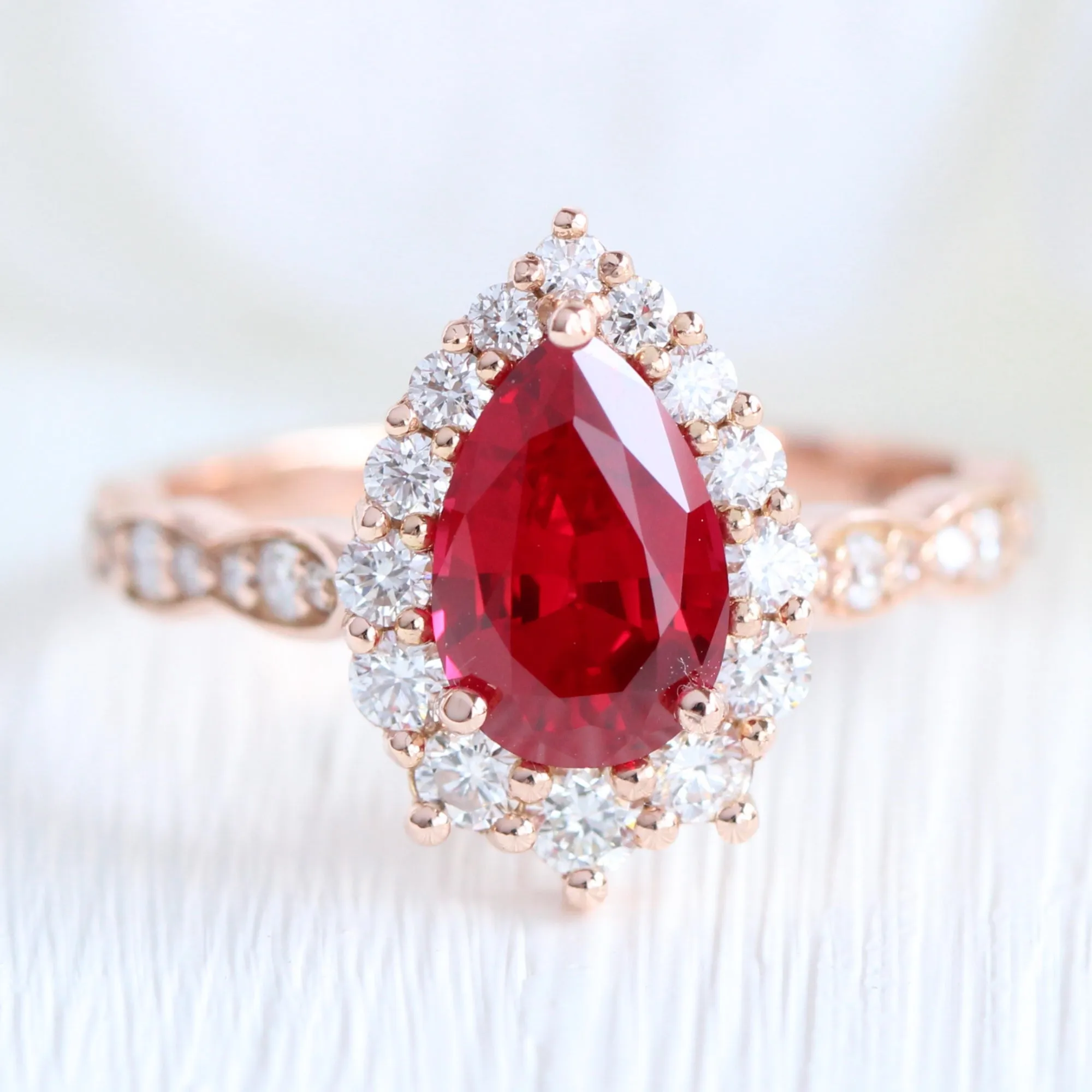 Large Tiara Halo Pear Ruby Ring Set w/ Scalloped Diamond Wedding Band