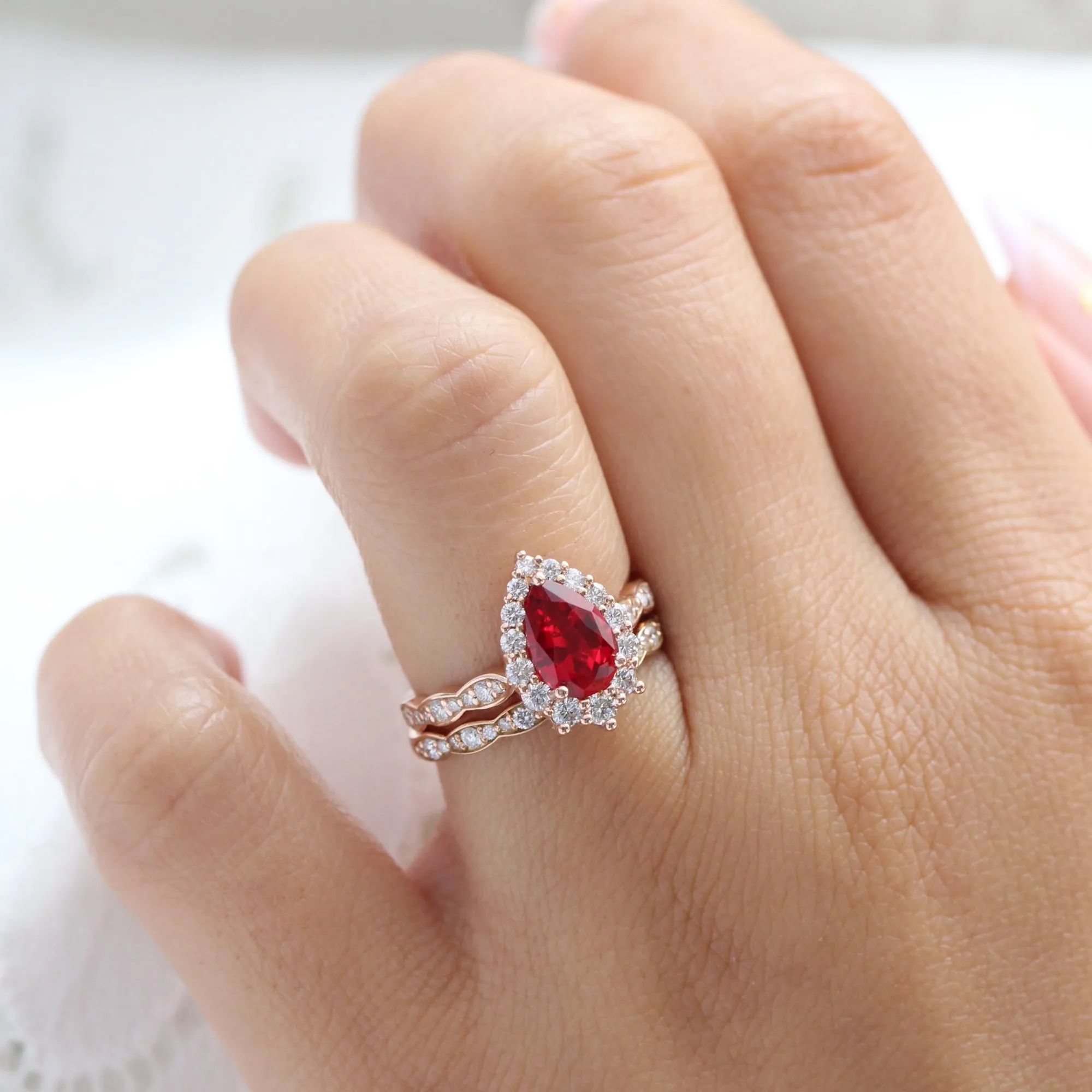 Large Tiara Halo Pear Ruby Ring Set w/ Scalloped Diamond Wedding Band