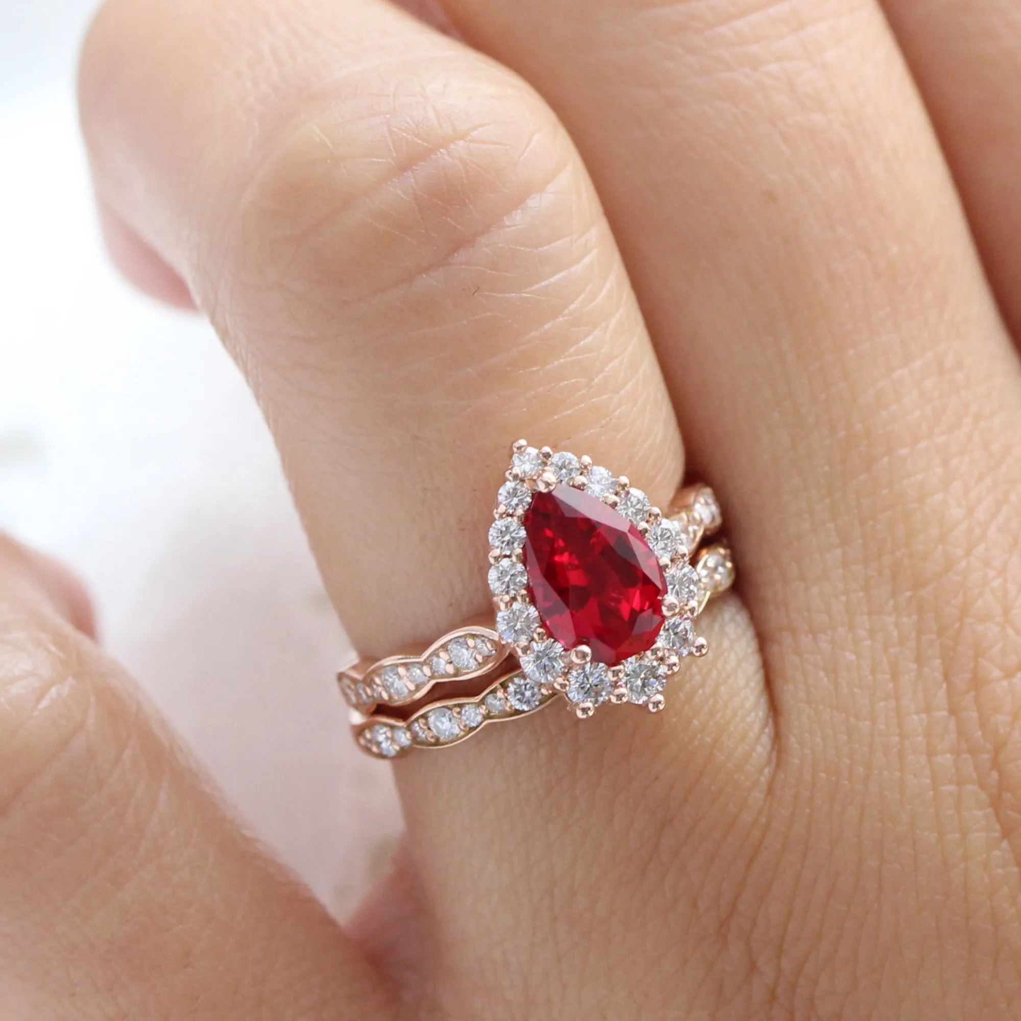 Large Tiara Halo Pear Ruby Ring Set w/ Scalloped Diamond Wedding Band