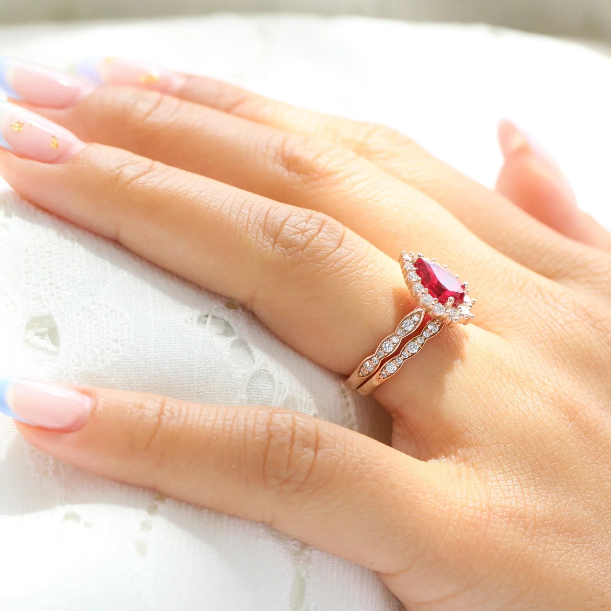 Large Tiara Halo Pear Ruby Ring Set w/ Scalloped Diamond Wedding Band