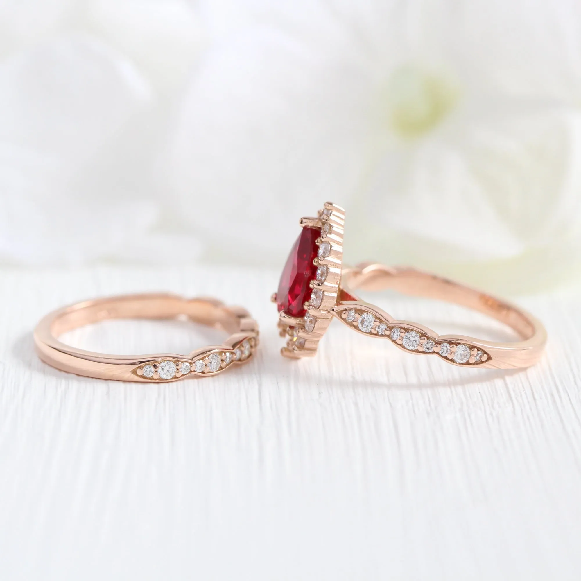 Large Tiara Halo Pear Ruby Ring Set w/ Scalloped Diamond Wedding Band