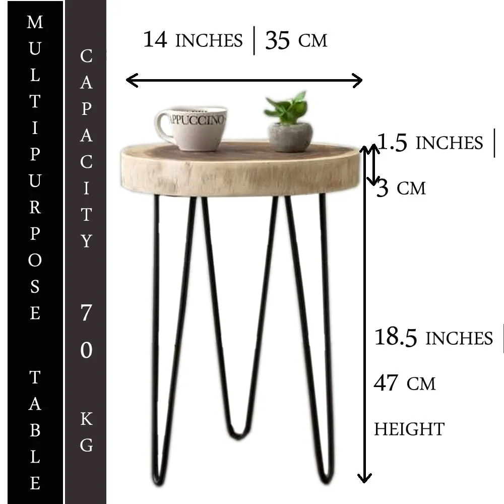 LATEST HANDICRAFTS Rustic Live Edge Wooden Slice End Table | Natural Tree Slap Coffee Table for Bedroom, Living Room Decor (35 x 35 x 47 cm) Folding Metal Hairpin Legs