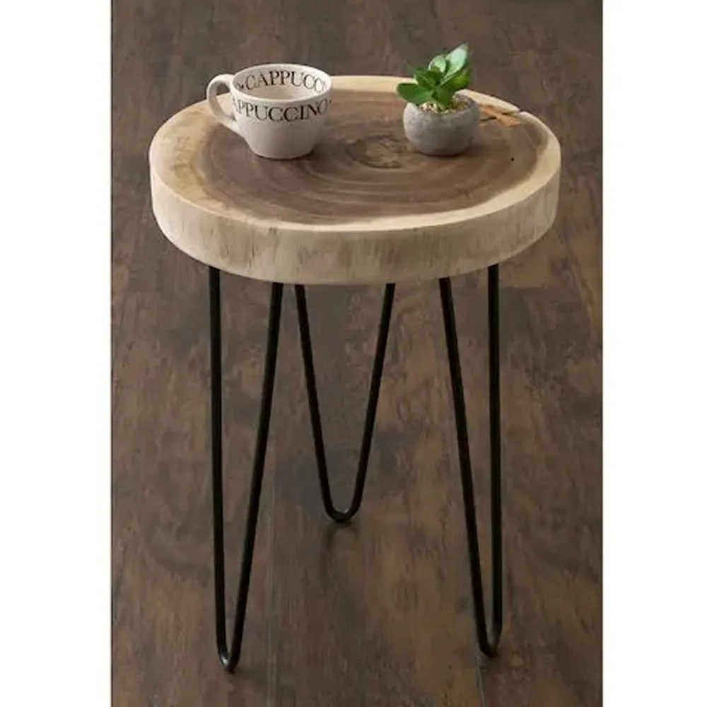 LATEST HANDICRAFTS Rustic Live Edge Wooden Slice End Table | Natural Tree Slap Coffee Table for Bedroom, Living Room Decor (35 x 35 x 47 cm) Folding Metal Hairpin Legs