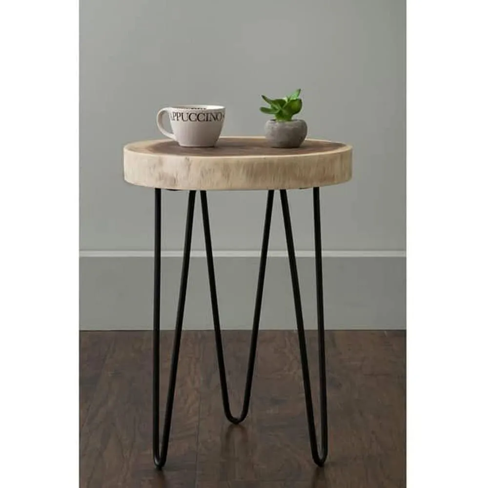 LATEST HANDICRAFTS Rustic Live Edge Wooden Slice End Table | Natural Tree Slap Coffee Table for Bedroom, Living Room Decor (35 x 35 x 47 cm) Folding Metal Hairpin Legs