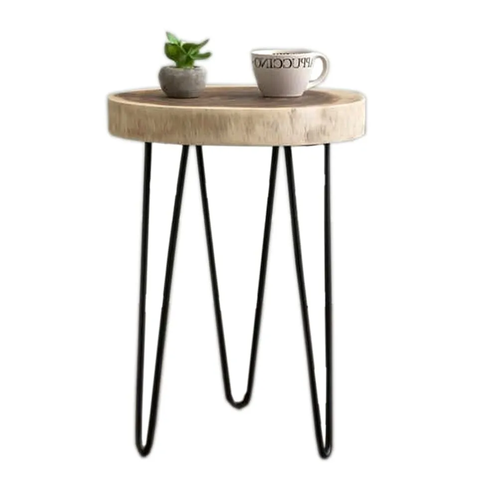 LATEST HANDICRAFTS Rustic Live Edge Wooden Slice End Table | Natural Tree Slap Coffee Table for Bedroom, Living Room Decor (35 x 35 x 47 cm) Folding Metal Hairpin Legs