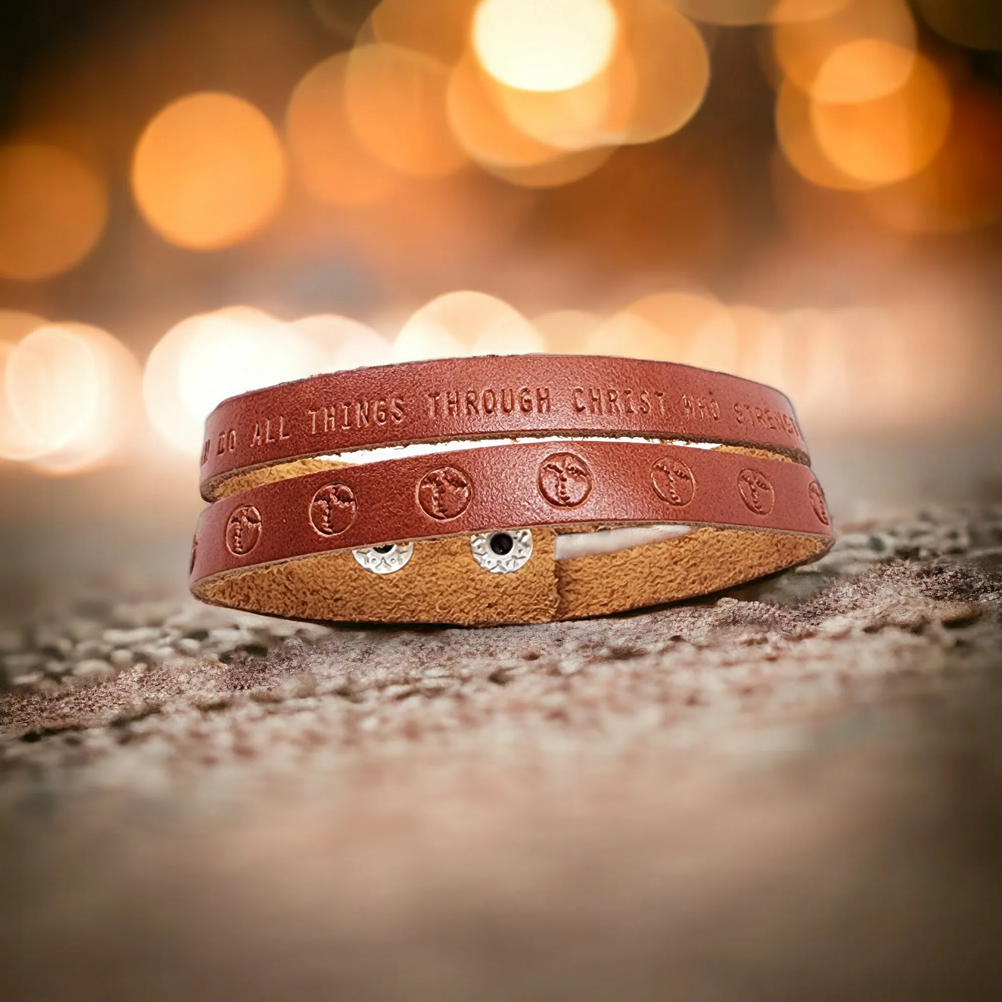 Leather Bracelet Dual Baseball - Softball Philippians 4:13 -Stamped