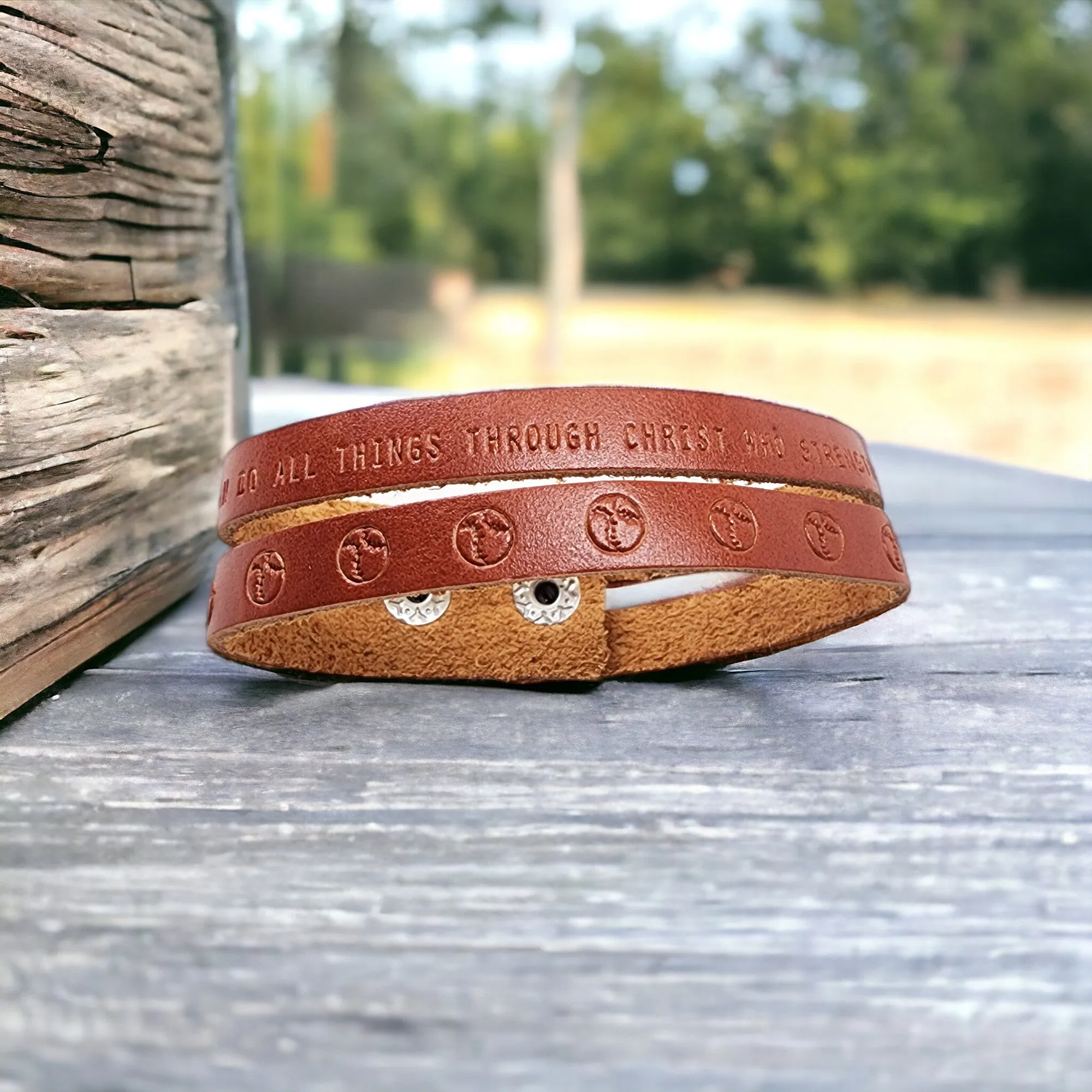 Leather Bracelet Dual Baseball - Softball Philippians 4:13 -Stamped