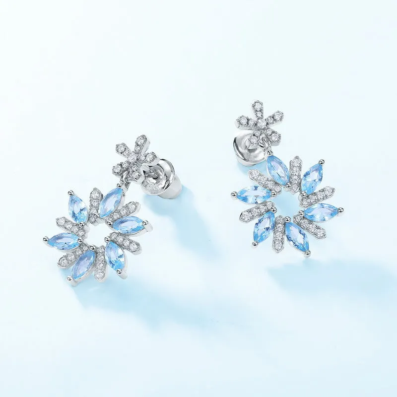 Marquise Shape Blue Zircon Snowflake Pendant Sterling Silver Drop Earrings