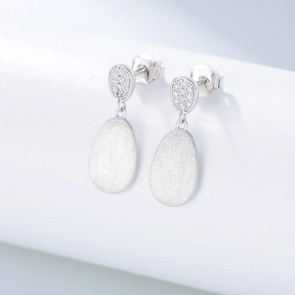 Matte Geometric Oval with Zircon Silver Drop Earrings for Women
