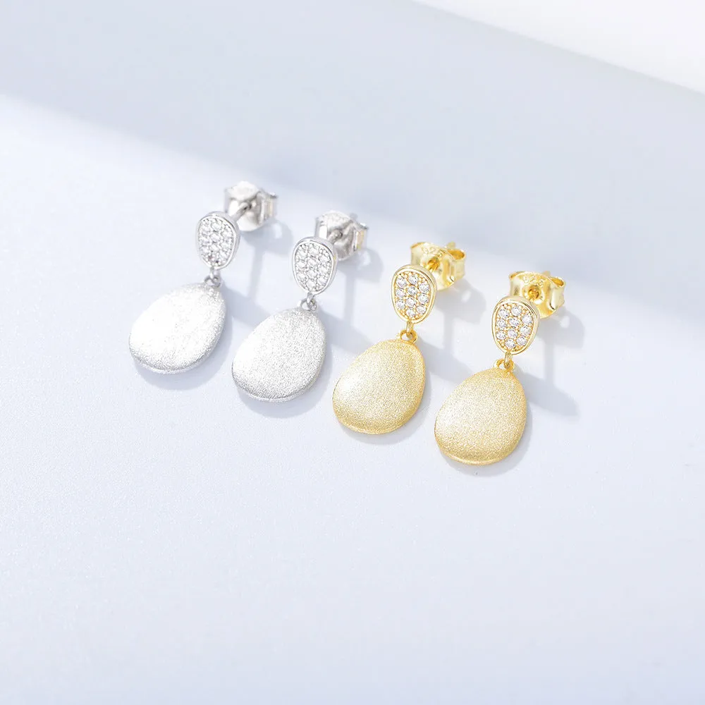 Matte Geometric Oval with Zircon Silver Drop Earrings for Women