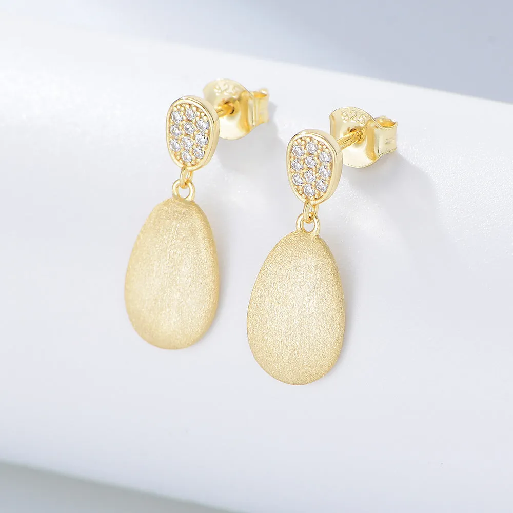 Matte Geometric Oval with Zircon Silver Drop Earrings for Women