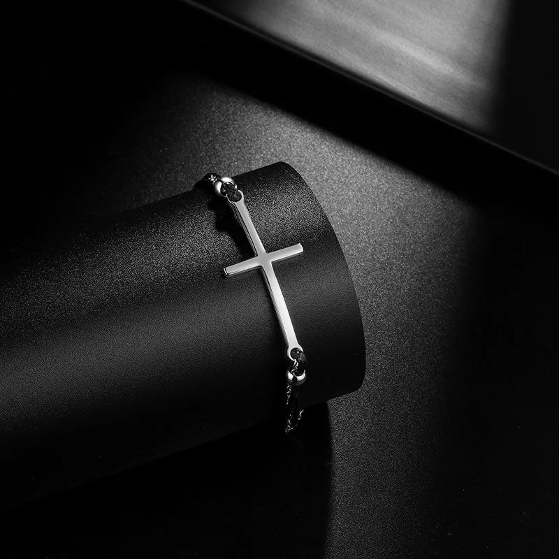 Men Cross Bracelet Jewelry Leather Black Braided Wristbands Stainless Steel