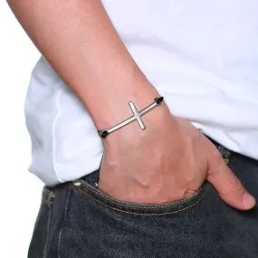 Men Cross Bracelet Jewelry Leather Black Braided Wristbands Stainless Steel