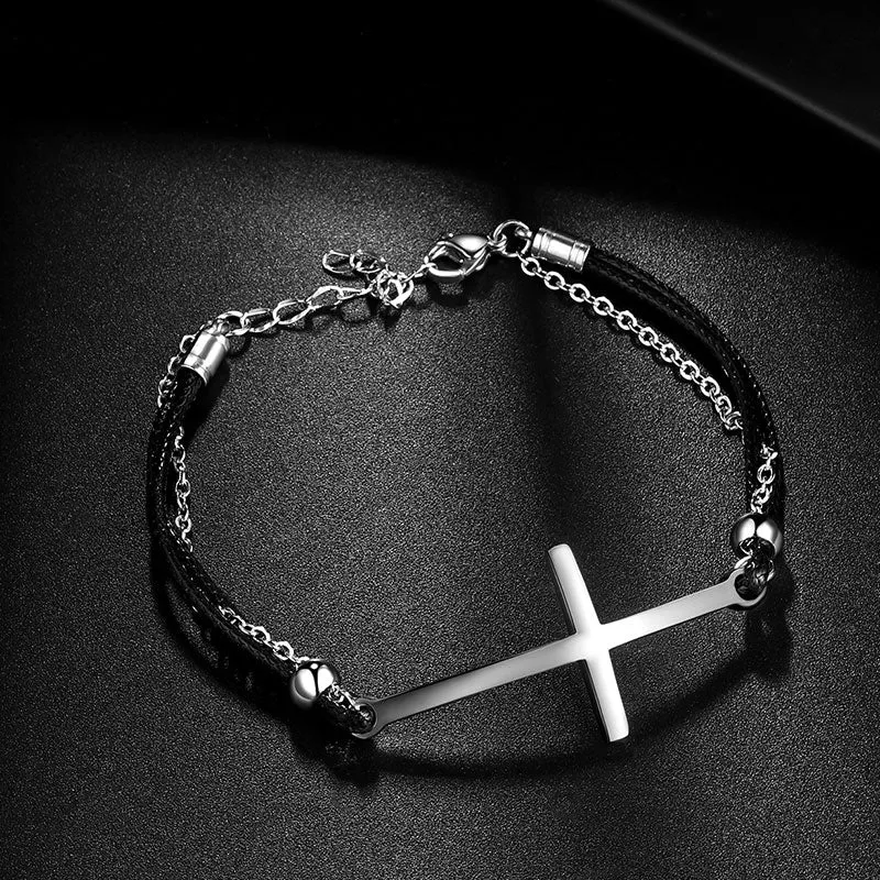 Men Cross Bracelet Jewelry Leather Black Braided Wristbands Stainless Steel