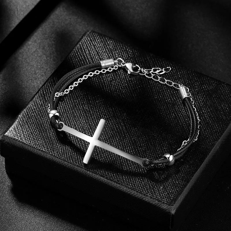 Men Cross Bracelet Jewelry Leather Black Braided Wristbands Stainless Steel