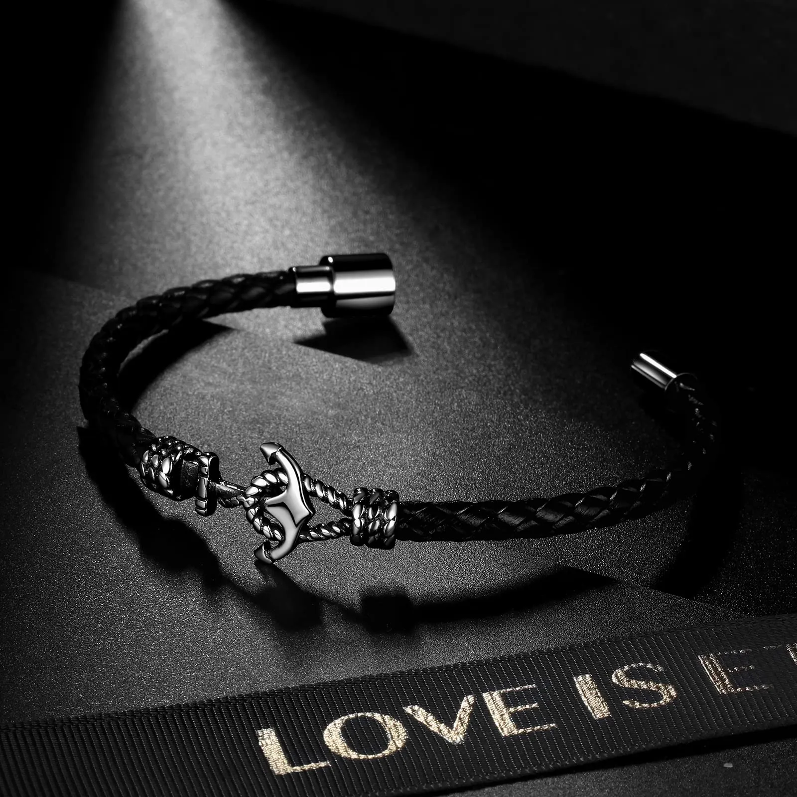 Men Cross Bracelet Jewelry Leather Black Braided Wristbands Stainless Steel