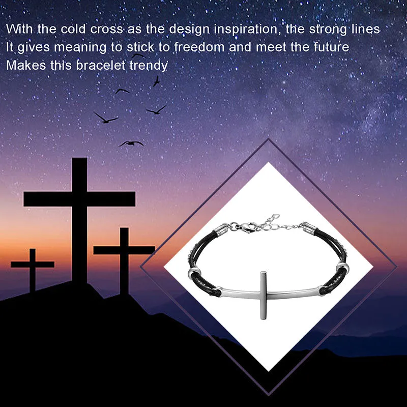 Men Cross Bracelet Jewelry Leather Black Braided Wristbands Stainless Steel