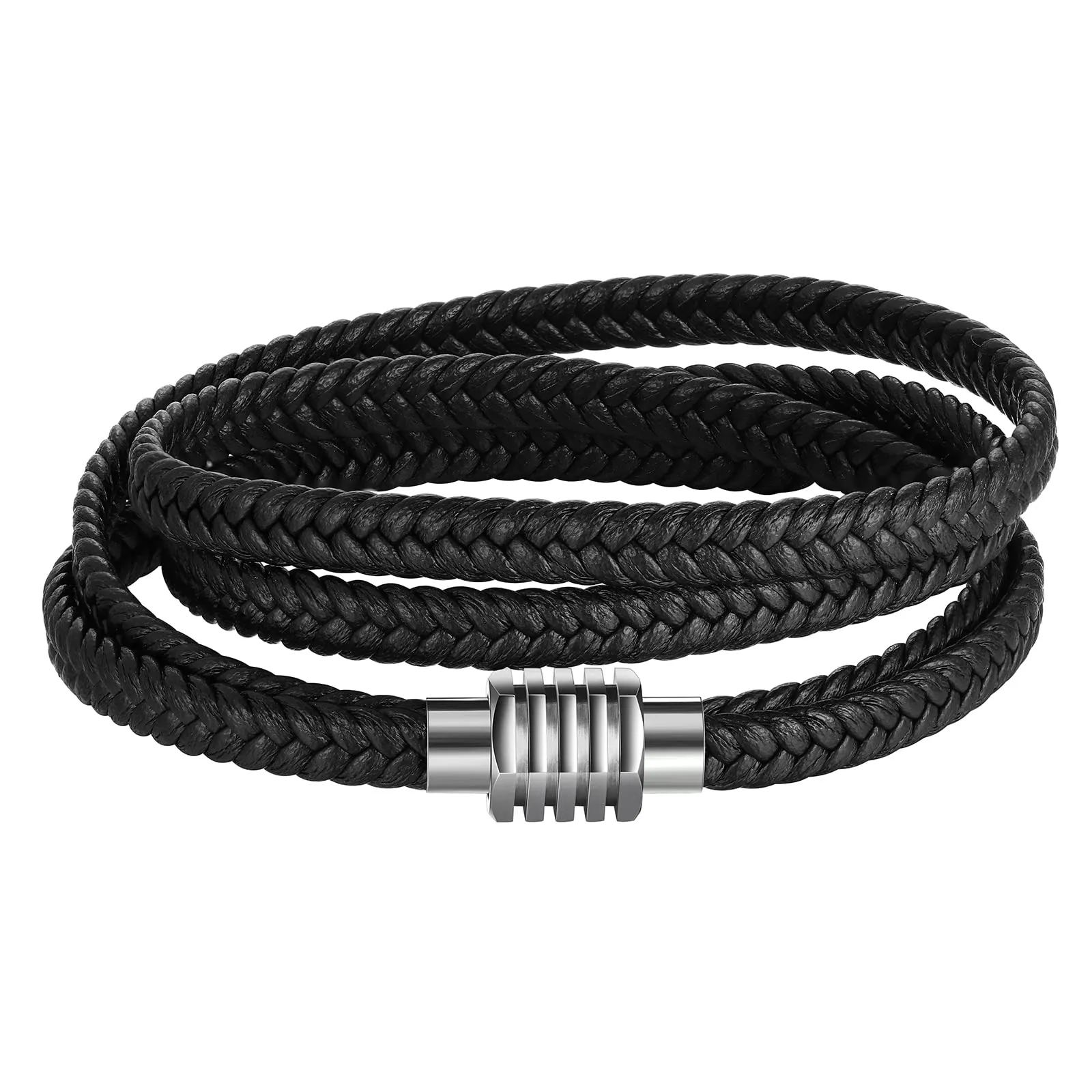 Men Cross Bracelet Jewelry Leather Black Braided Wristbands Stainless Steel