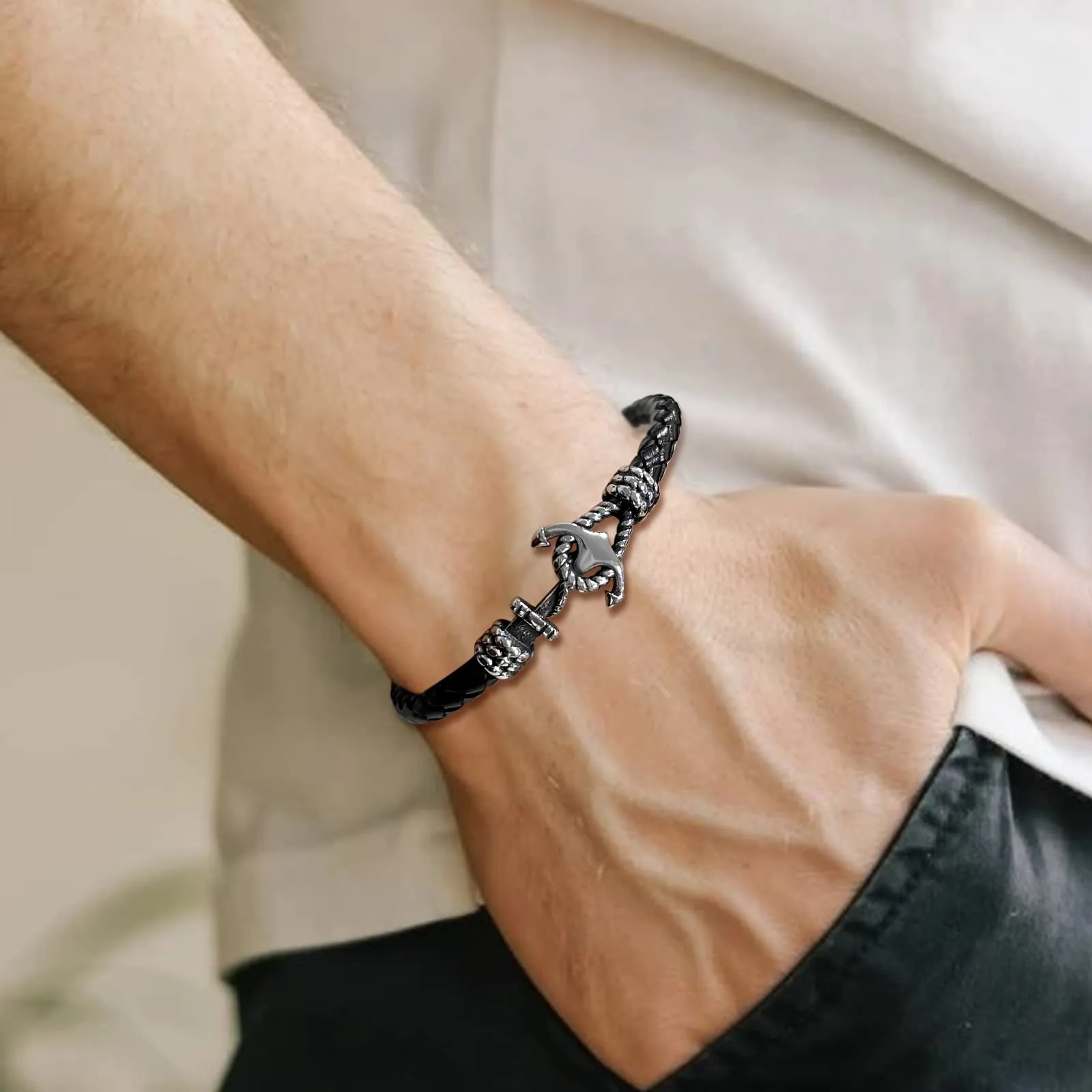Men Cross Bracelet Jewelry Leather Black Braided Wristbands Stainless Steel