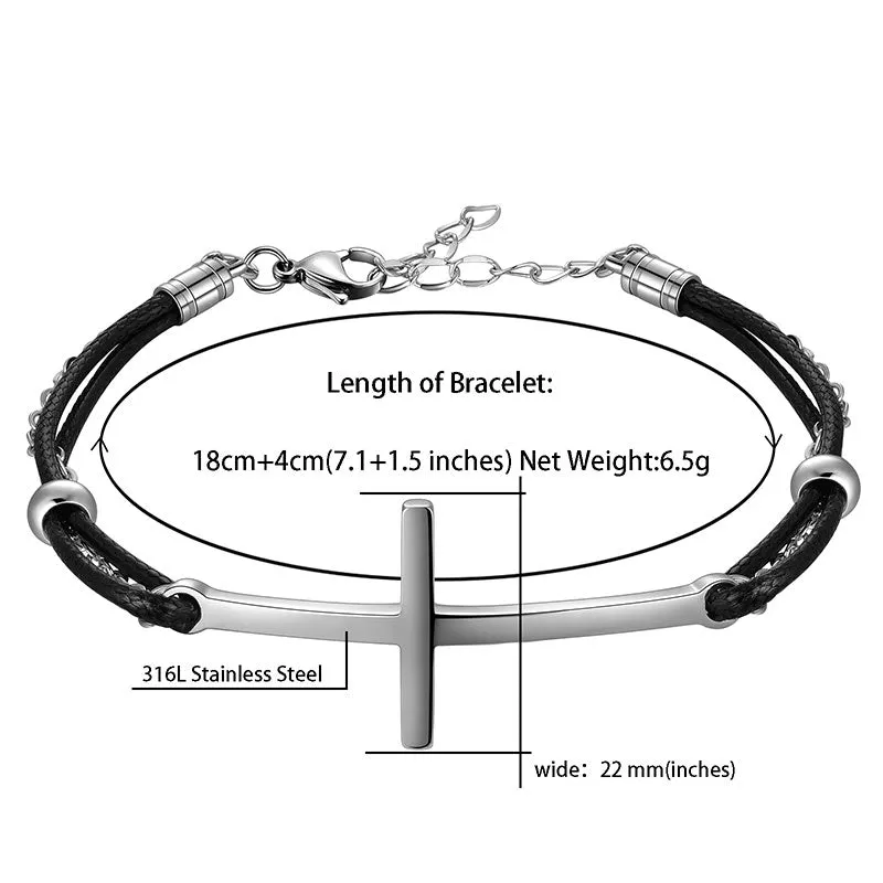 Men Cross Bracelet Jewelry Leather Black Braided Wristbands Stainless Steel