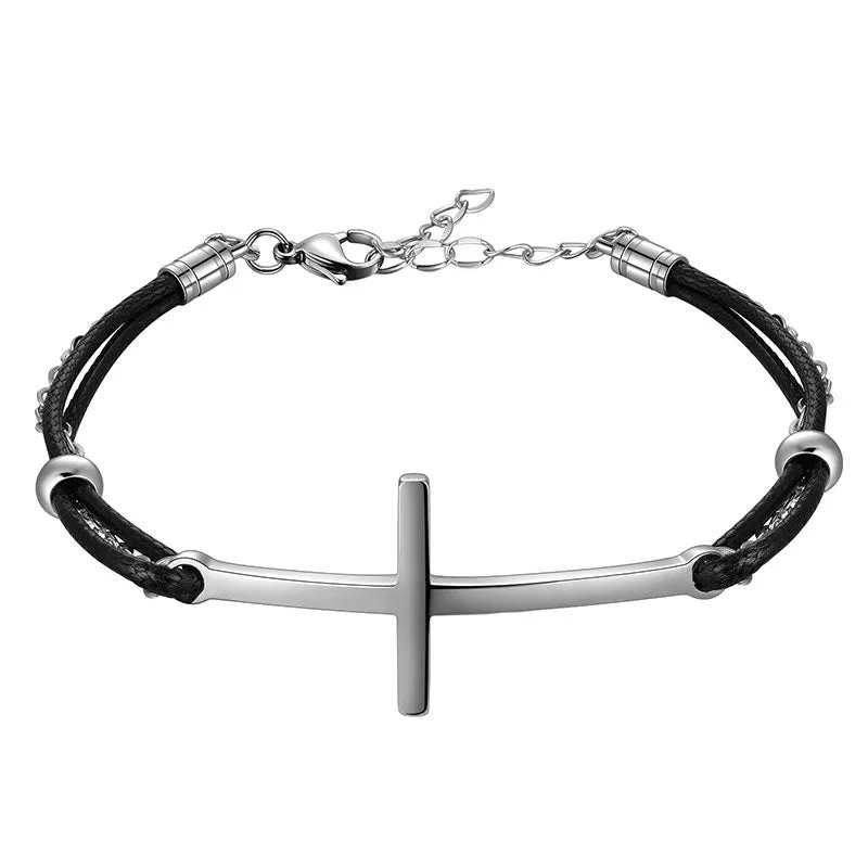 Men Cross Bracelet Jewelry Leather Black Braided Wristbands Stainless Steel