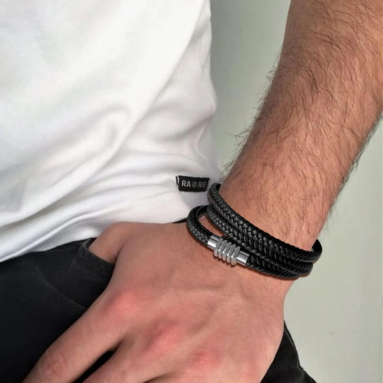 Men Cross Bracelet Jewelry Leather Black Braided Wristbands Stainless Steel
