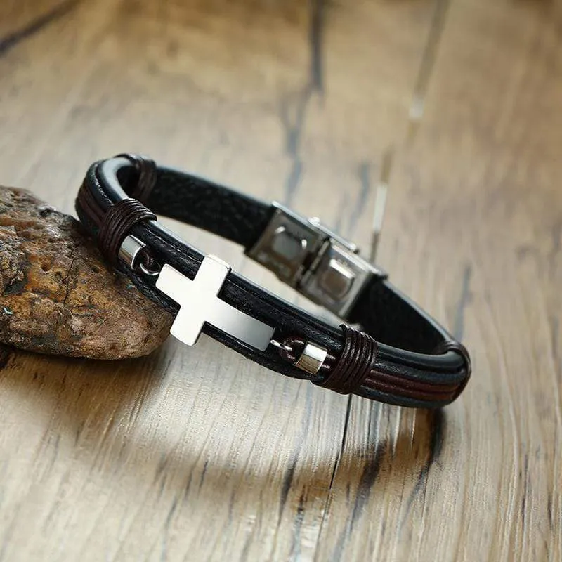 Men's Cross Bracelet <br> Leather Silver Cross