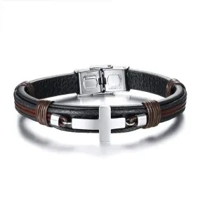 Men's Cross Bracelet <br> Leather Silver Cross