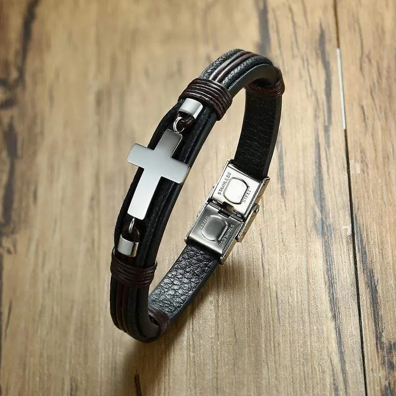 Men's Cross Bracelet <br> Leather Silver Cross