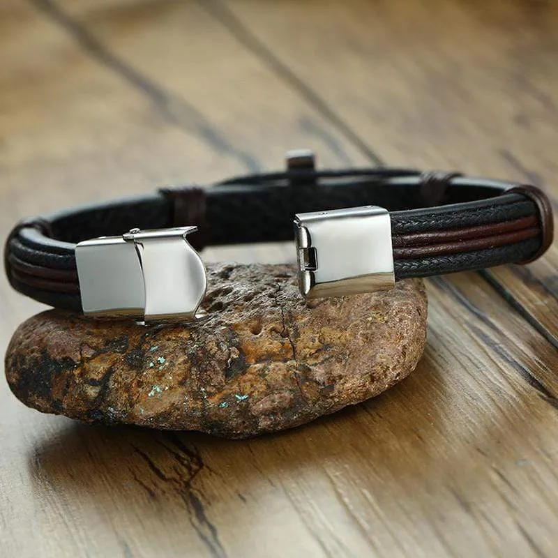 Men's Cross Bracelet <br> Leather Silver Cross