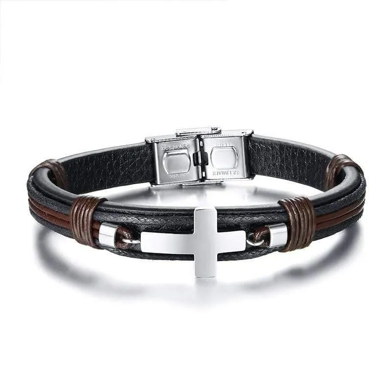 Men's Cross Bracelet <br> Leather Silver Cross