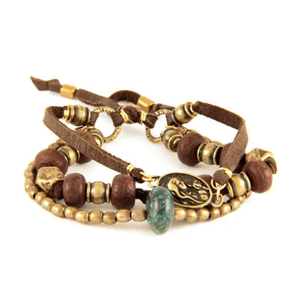Mens Multi Bead Brown Deerskin Leather Bracelet with Turquoise Bead Nugget and Mary Face Charm